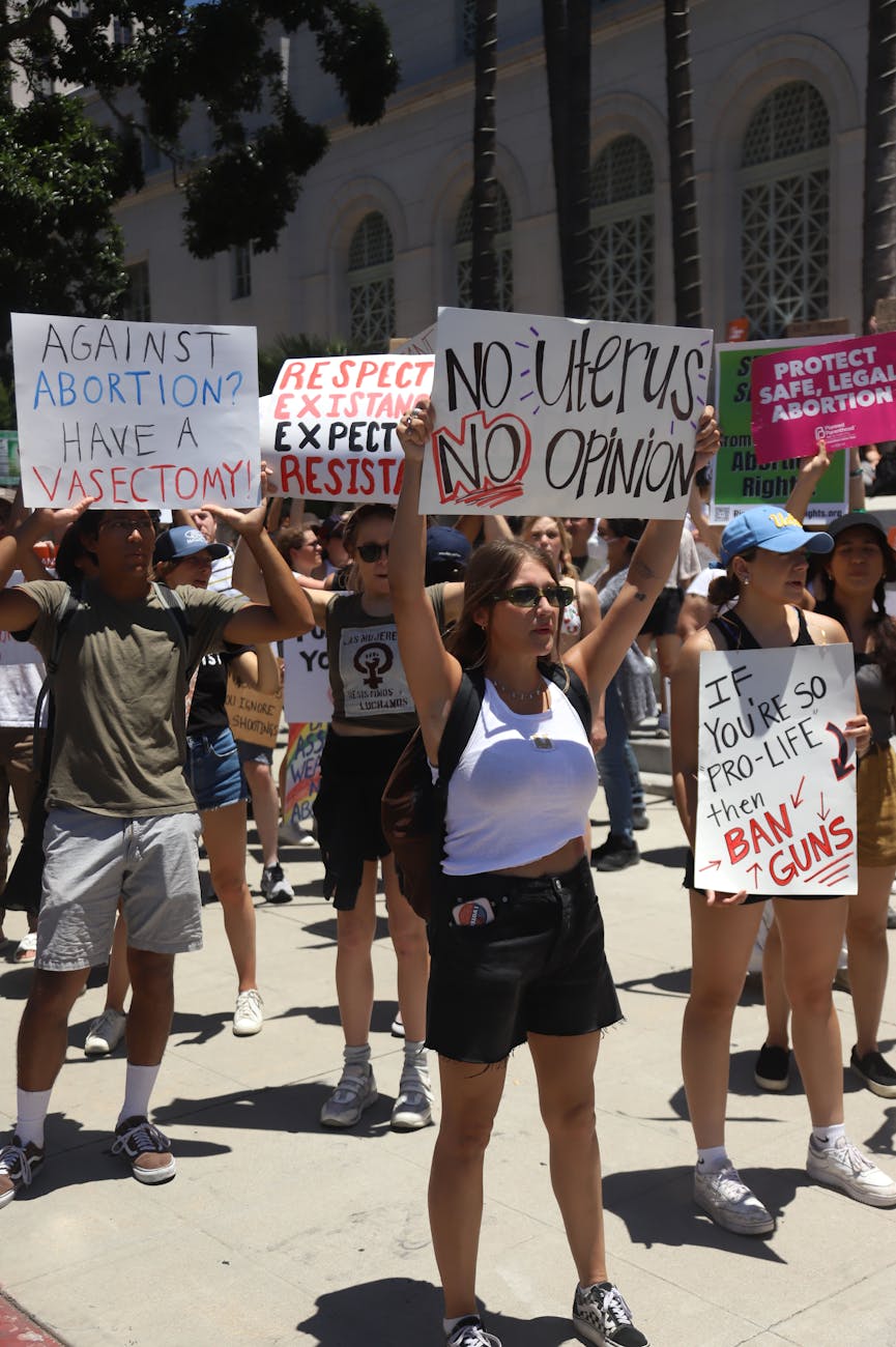 A peaceful demonstration advocating for abortion rights on a sunny day in Los Angeles.