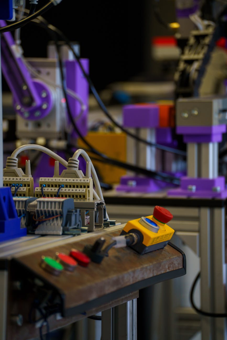 Close-up of industrial automation setup with control panel and machinery parts.