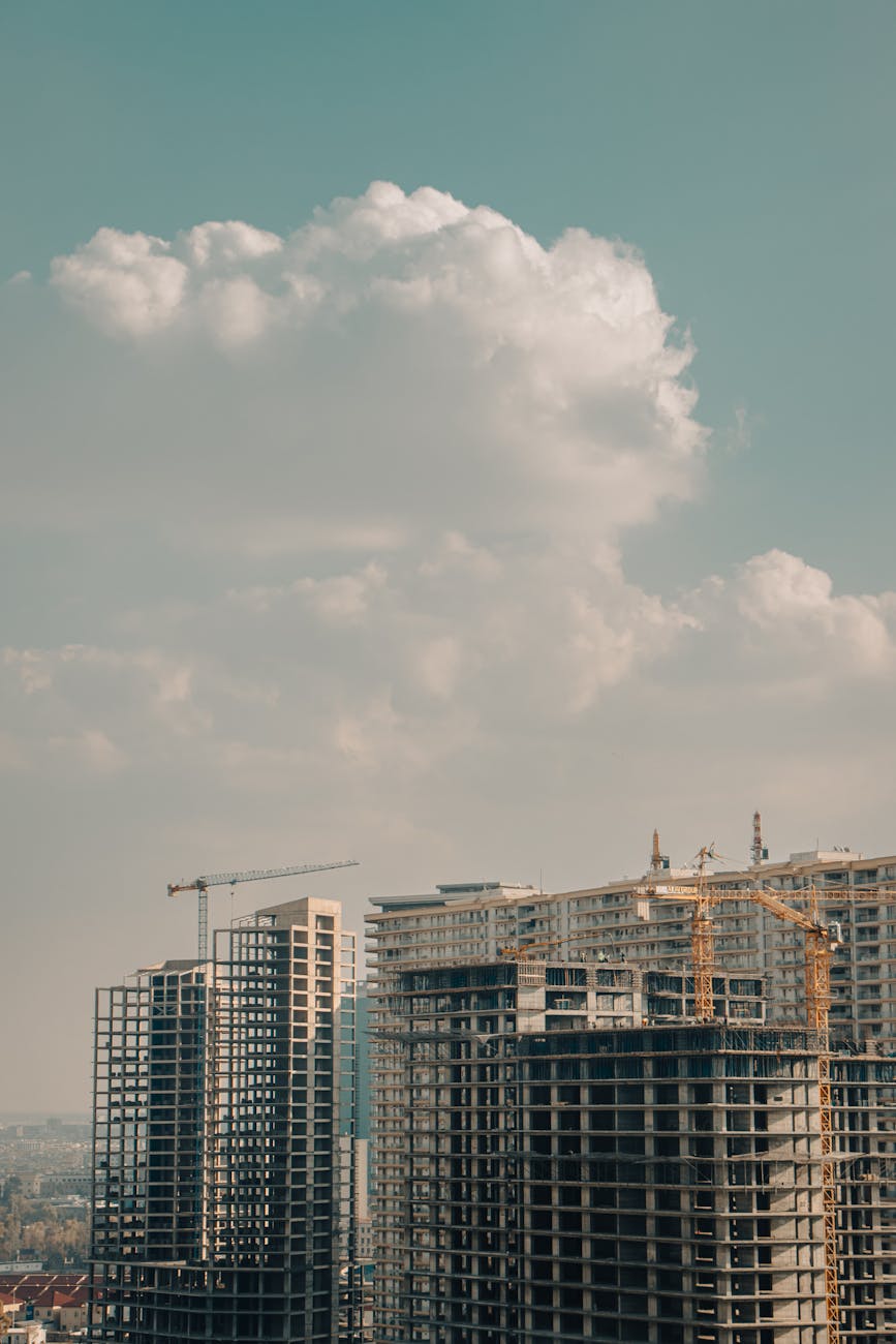Aerial view of modern high-rise buildings under construction in Erbil, Kurdistan Region, Iraq.