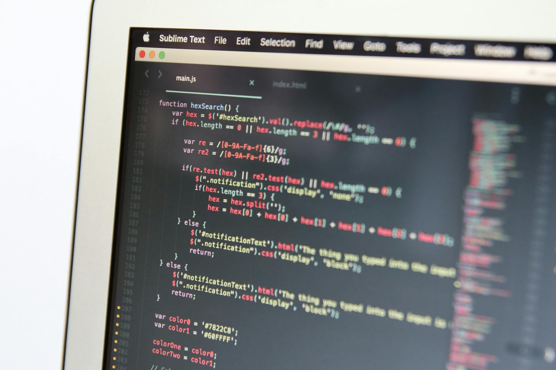 Close-up image showing JavaScript code on a computer screen, reflecting modern programming work.