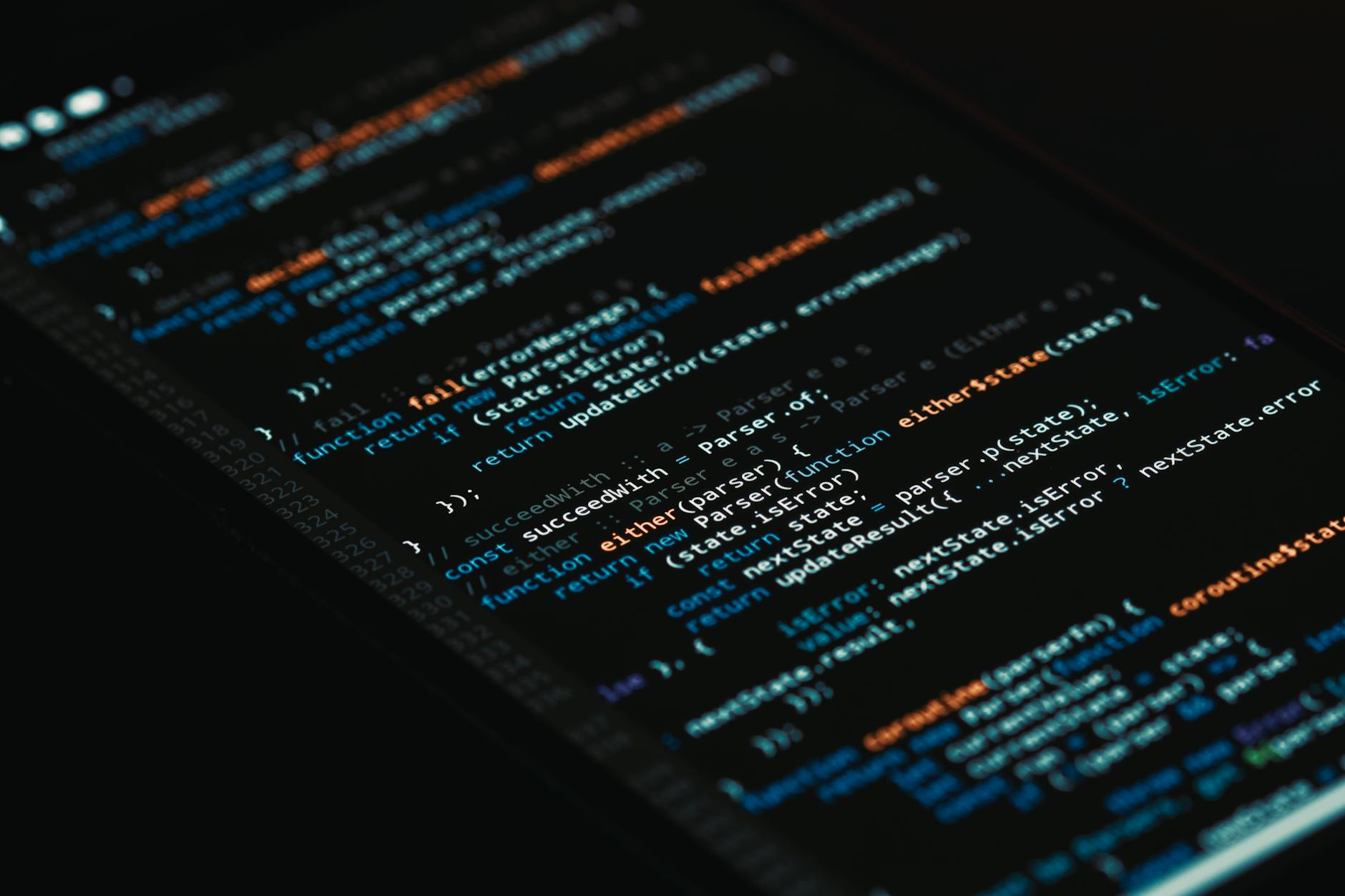 A detailed view of computer programming code on a screen, showcasing software development.
